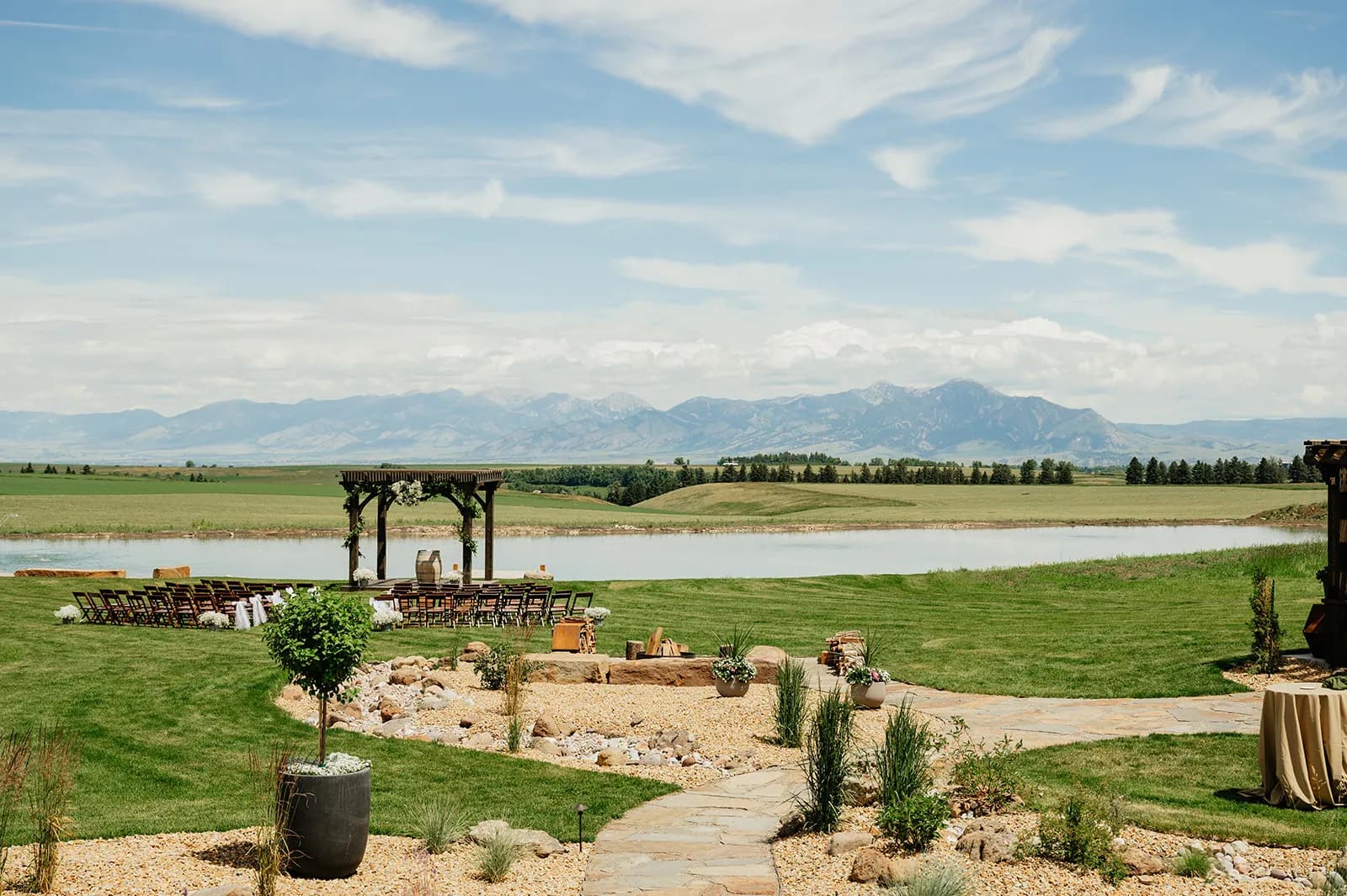 Panoramic view of the Big Vista Ranch event venue surrounded by Montana mountains